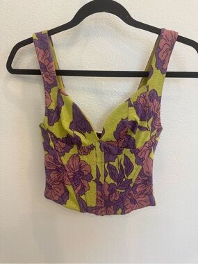 Zara Lime Green Floral Sculpted Bust Crop Top with Purple & Mauve Print